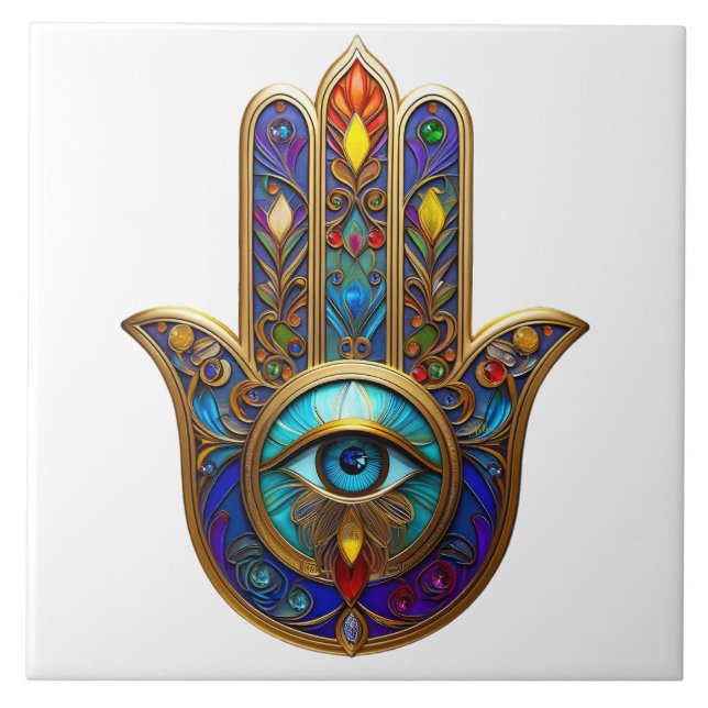 Gold Colourful Hamsa Turquoise Sapphire Third Eye  Tile (Front)