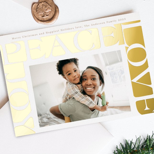 gold colourful LOVE PEACE JOY photo frame Foil Holiday Card (Creator Uploaded)