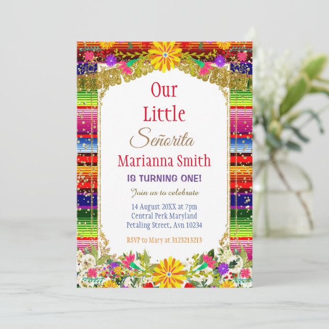 Gold Colourful Mexican Blanket Floral Fiesta  Invitation (Standing Front)