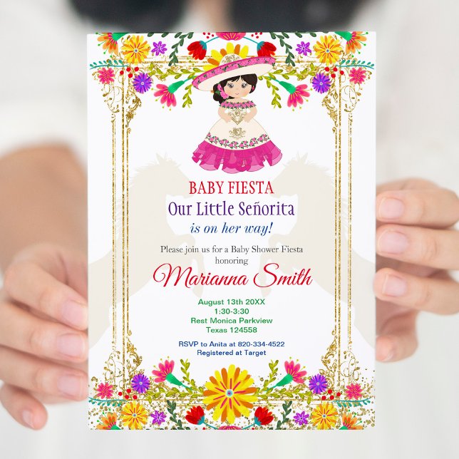 Gold colourful Mexican Floral Fiesta Baby Shower  Invitation (Creator Uploaded)