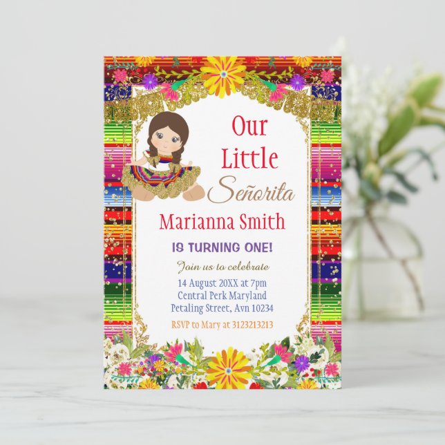 Gold Colourful Mexican Floral Girl Fiesta Birthday Invitation (Standing Front)