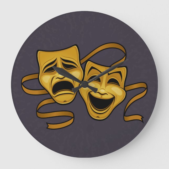 Gold Comedy And Tragedy Theatre Masks Large Clock (Front)