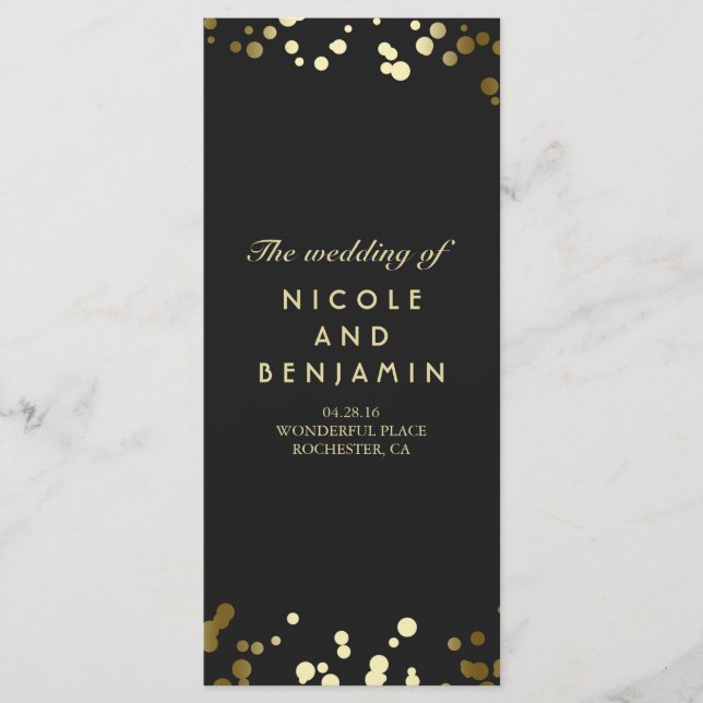 Gold Comfetti Dots Elegant Black Wedding Programs Programme (Front)