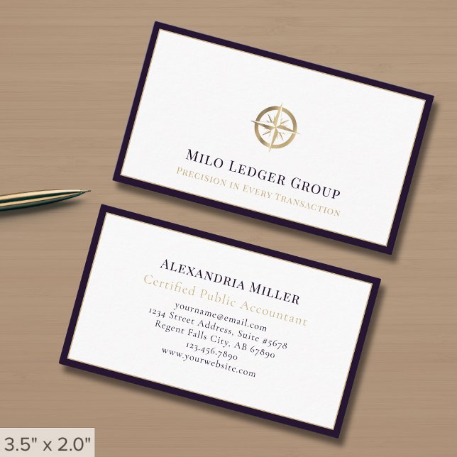 Gold Compass Logo Dark Purple Border Business Card (Creator Uploaded)