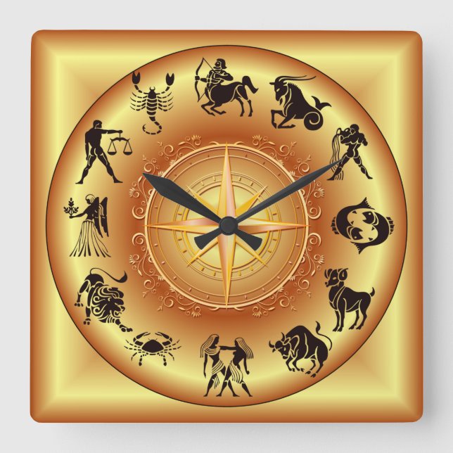 Gold Compass Zodiac ~ Astrological Signs ~ Square Wall Clock (Front)