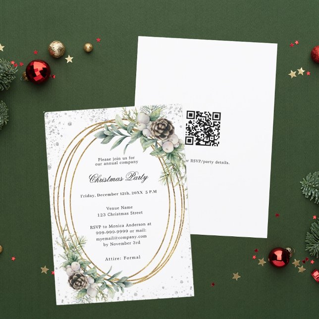 Gold cone greenery QR code company Christmas Party Invitation (Creator Uploaded)