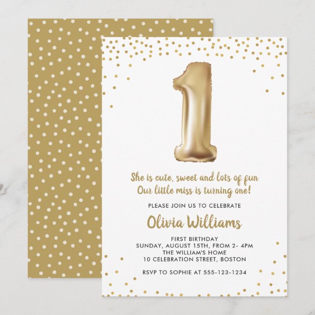 Gold Confetti 1st Birthday Party | First Birthday Invitation (Front/Back)