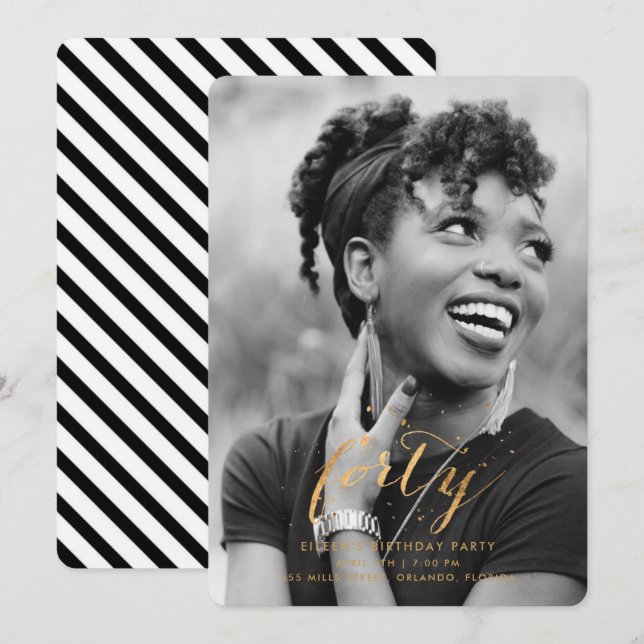 Gold Confetti 40th Fortieth Birthday Photo Invitation (Front/Back)