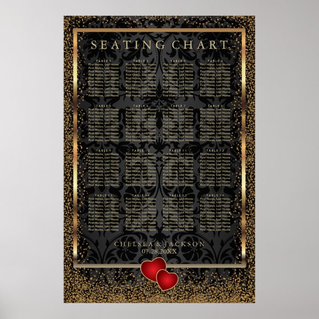 Gold Confetti and Black Damask - Seating Chart (Front)