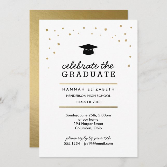 Gold Confetti and Cap Modern Graduation Invitation (Front/Back)
