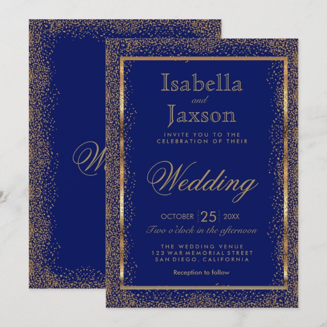 Gold Confetti and Dark Blue Invitation (Front/Back)