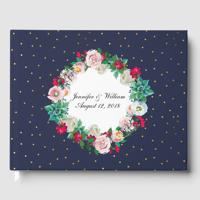 Gold Confetti and Flowers Wedding Guest Book (Front)