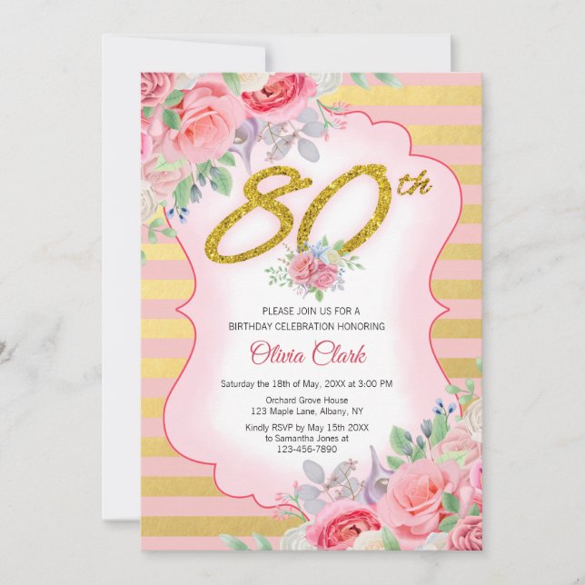 Gold Confetti and Pink Floral 80th Birthday Invitation (Front)