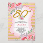 Gold Confetti and Pink Floral 80th Birthday Invitation<br><div class="desc">A bright cheerful feminine floral design of watercolor roses in soft shades of pink with a touch of greenery on a background of gold foil and pink horizontal line. You can further customise this card by clicking the "customise it" button.</div>