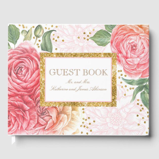 Gold Confetti and Pink Flowers Chic Wedding Guest Book (Front)