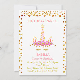 Gold Confetti and Unicorn o Sweet 16 Birthday Inv Invitation