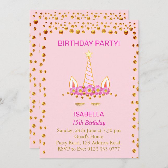 Gold Confetti and Unicorn on Pink 15th Birthday Invitation (Front/Back)
