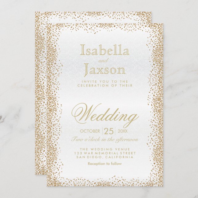 Gold Confetti and White Invitation (Front/Back)