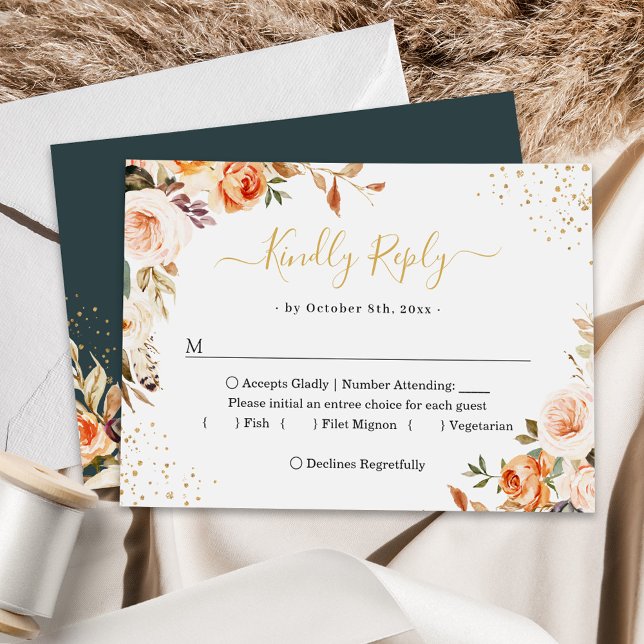 Gold Confetti Autumn Floral Leaves Wedding RSVP Card (Creator Uploaded)