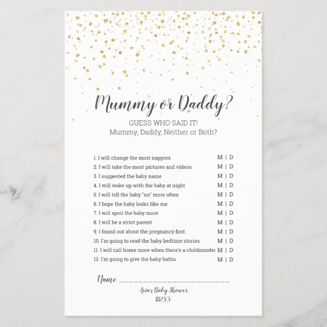 Gold Confetti Baby Shower Mummy or Daddy Game Flyer (Front)
