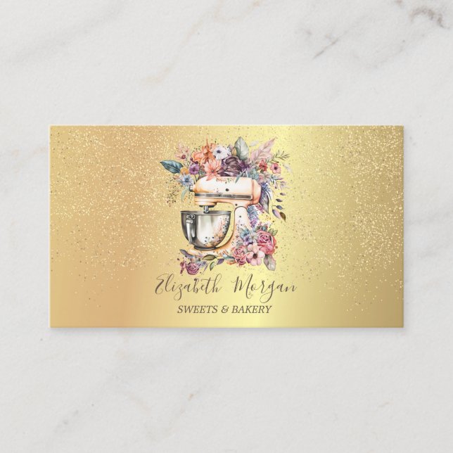 Gold Confetti Bakery Floral Mixer Business Card (Front)