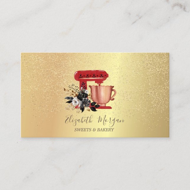 Gold Confetti Bakery Floral Red Mixer Business Card (Front)