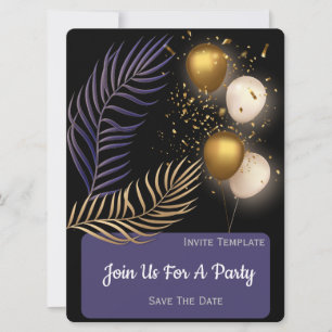 Gold Confetti, Balloons Party Invitation