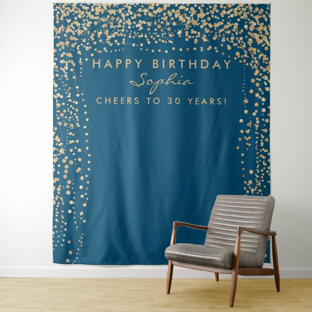 Gold Confetti Birthday Backdrop Any Age Tapestry (In Situ)