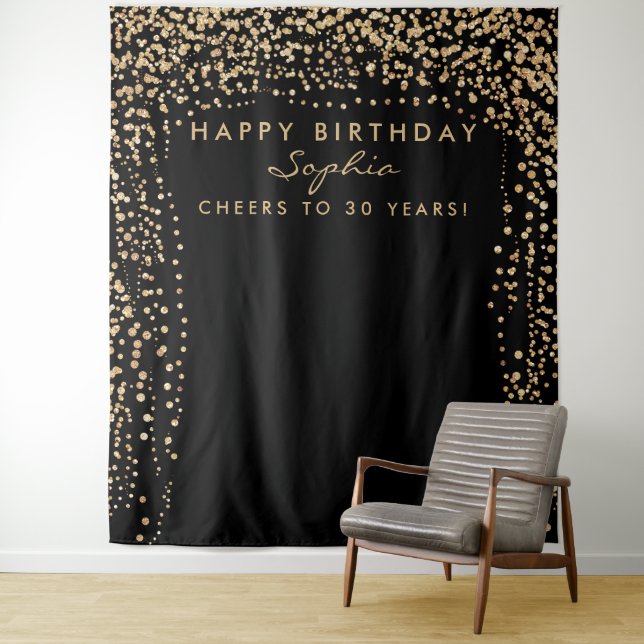 Gold Confetti Birthday Backdrop Any Age Tapestry (In Situ)