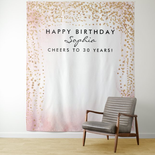 Gold Confetti Birthday Backdrop Any Age Tapestry (In Situ)