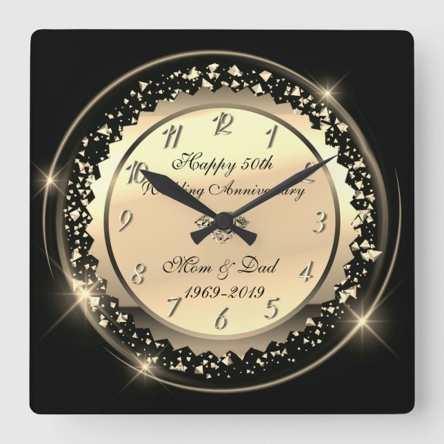 Gold Confetti,Black 50th Wedding Anniversary Square Wall Clock (Front)
