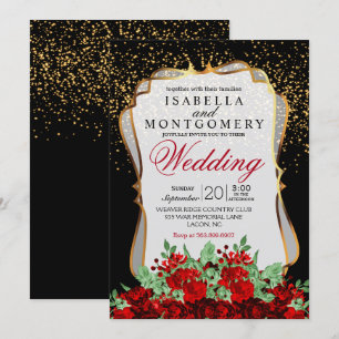 Gold Confetti, Black and Red Floral Wedding Invitation