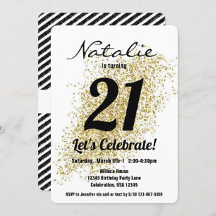Gold Confetti Black and White Girl Birthday Invitation