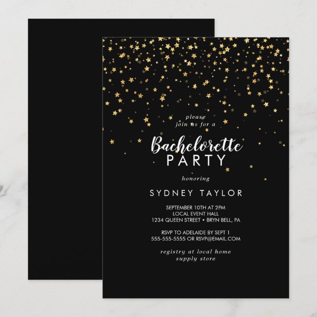 Gold Confetti | Black Bachelorette Party Invitation (Front/Back)