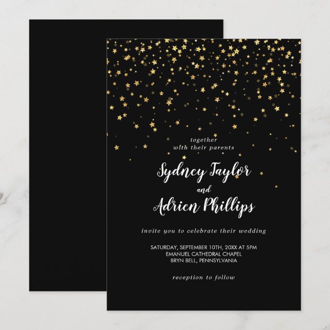 Gold Confetti | Black Casual Wedding Invitation (Front/Back)