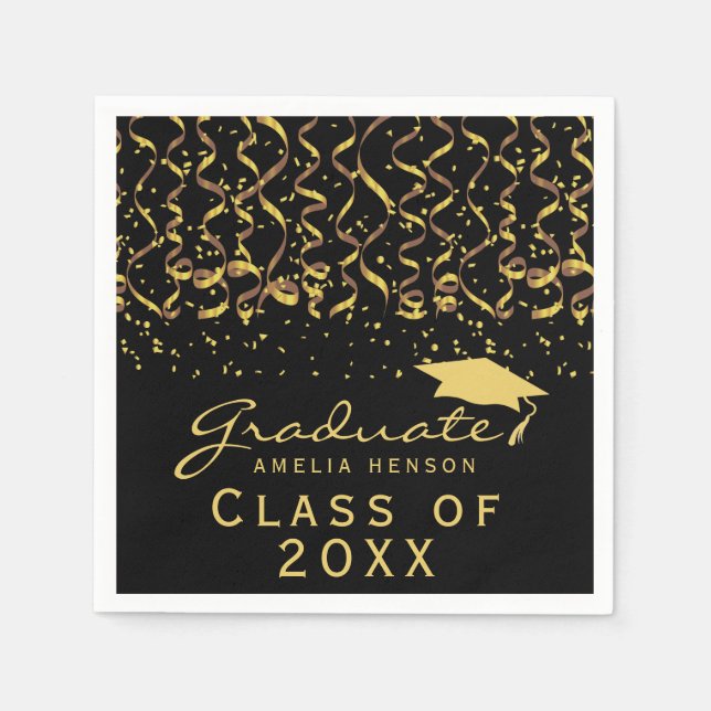 Gold Confetti Black Class of 2022 Graduation Napkin (Front)