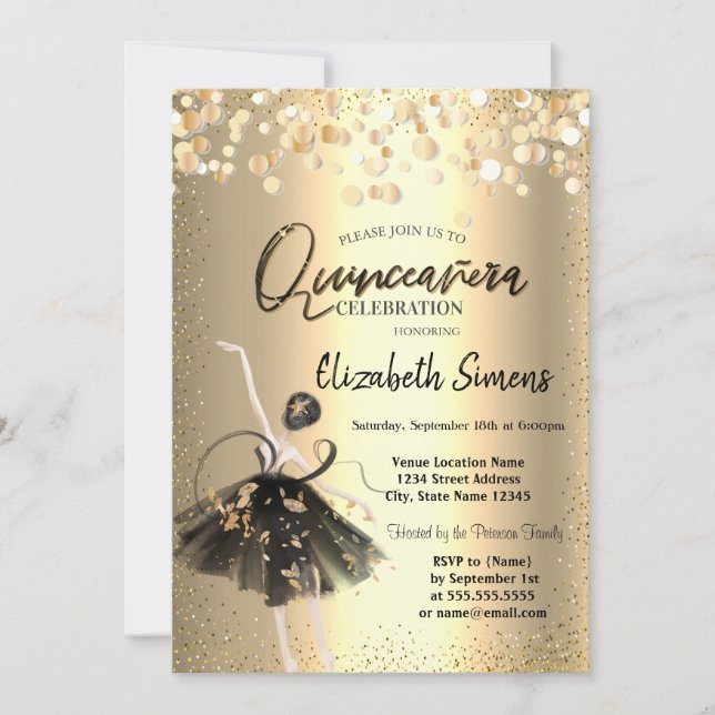 Gold Confetti,Black Dress Ballerina Quinceañera Invitation (Front)