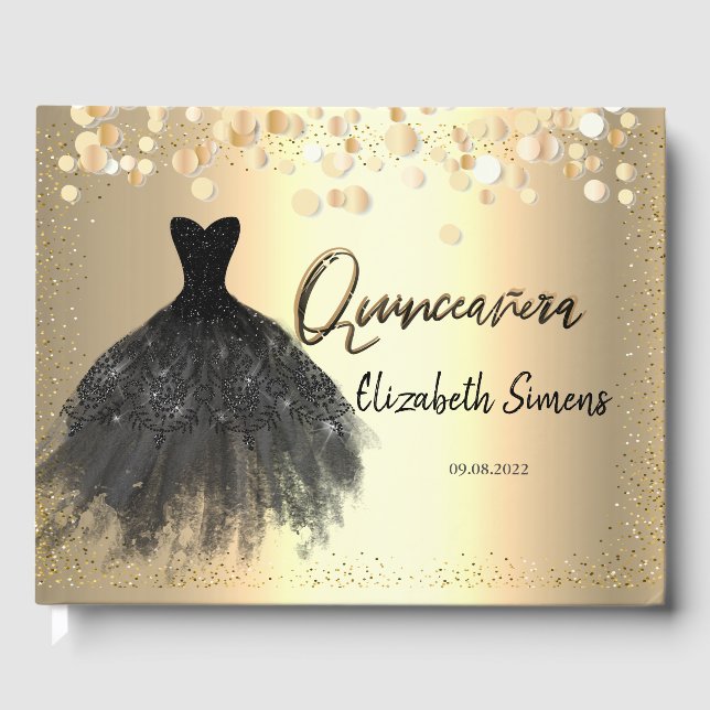 Gold Confetti ,Black Dress Quinceañera  Guest Book (Front)