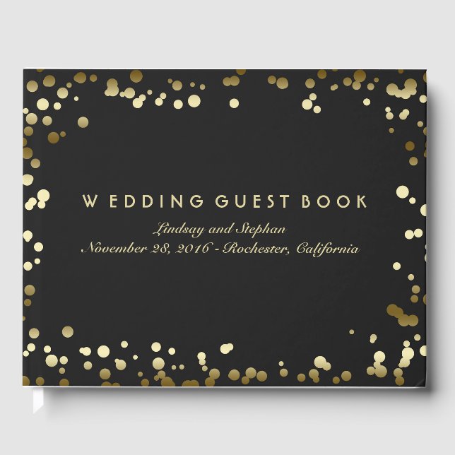 Gold Confetti Black Elegant Wedding Guest Book (Front)