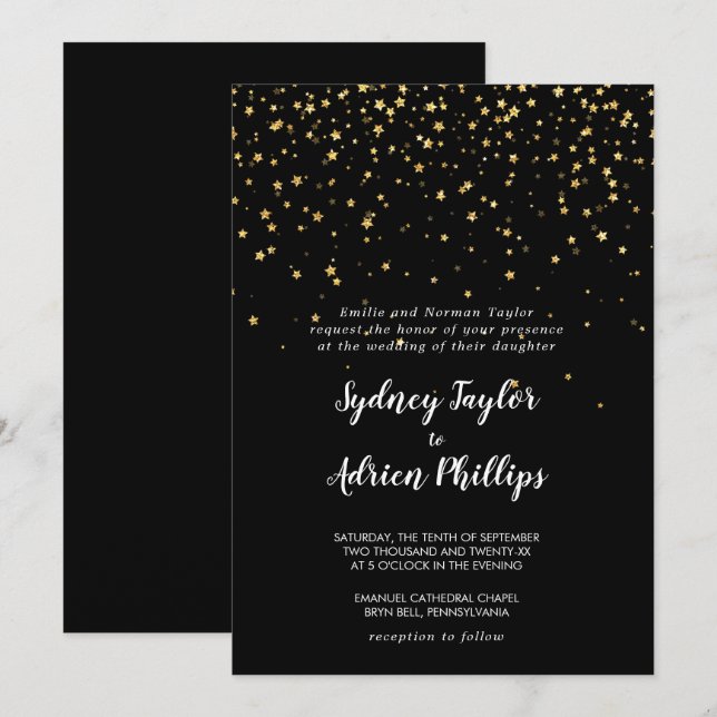 Gold Confetti | Black Formal Wedding Invitation (Front/Back)