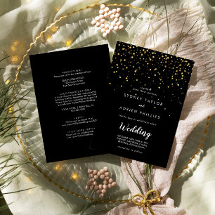 Gold Confetti   Black Front and Back Wedding Invitation