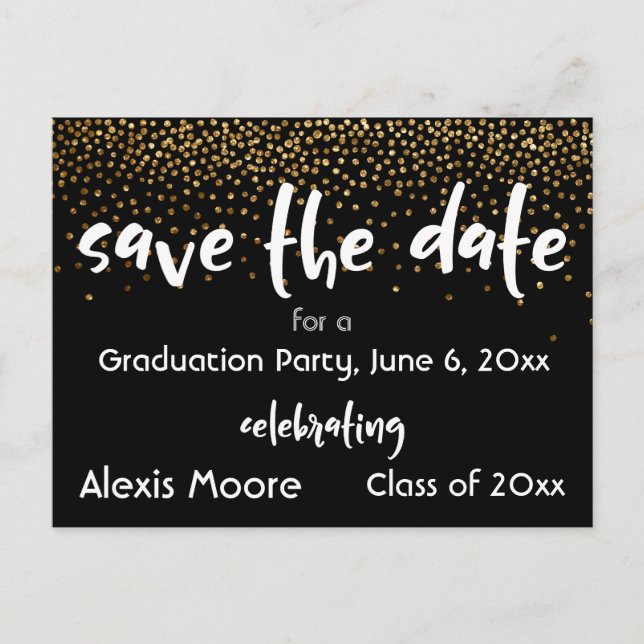 Gold Confetti Black Graduation Party Save the Date Announcement Postcard (Front)