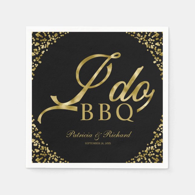 Gold Confetti Black I Do BBQ Engagement Party Napkin (Front)