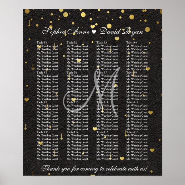 Gold Confetti Black Leather Wedding Seating Chart (Front)