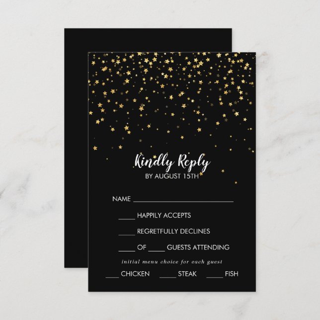 Gold Confetti | Black Menu Choice Wedding RSVP  (Front/Back)