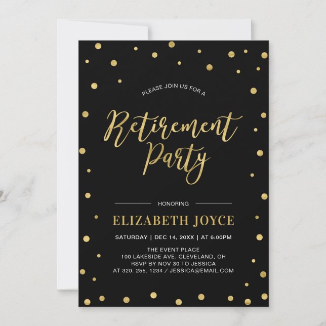 Gold Confetti & Black | Modern Retirement Party Invitation (Front)