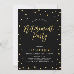 Gold Confetti & Black   Modern Retirement Party Invitation