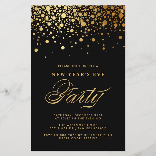 Gold Confetti Black New Year's Eve Invitation (Front)