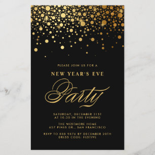 Gold Confetti Black New Year's Eve Invitation