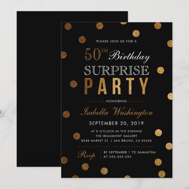 Gold Confetti & Black Surprise Birthday Party Invitation (Front/Back)